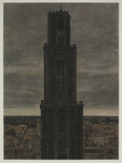28931 Gezicht op de Domtoren te Utrecht vanaf de Domkerk met op de achtergrond een gedeelte van de stad aan de westzijde.